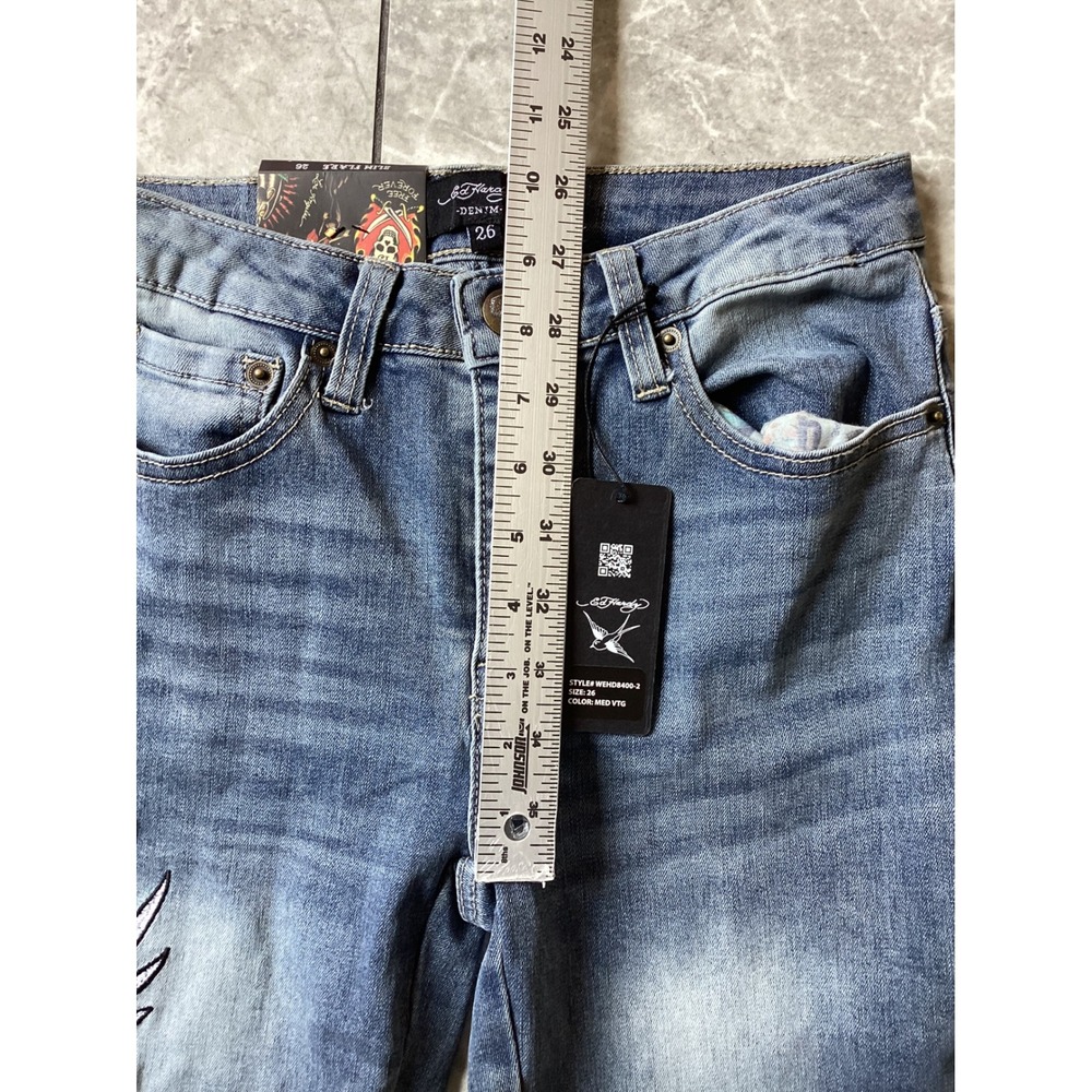 Ed Hardy Slim Flare Jeans Womens 26 Medium Vintage Blue Tattoo Embroidered Logo - Picture 8 of 12
